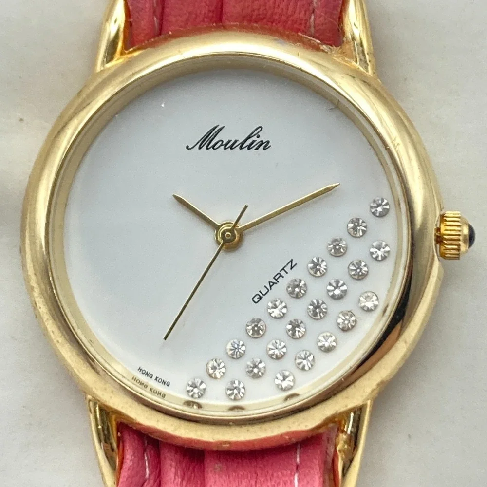 Vintage Moulin Women's Watch Gold Tone 30mm Crystals MOP Dial New Battery 6.25